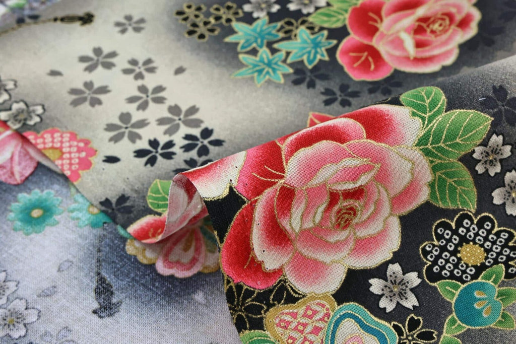 Tissu Japonais Kaike Temari et rosiers roses