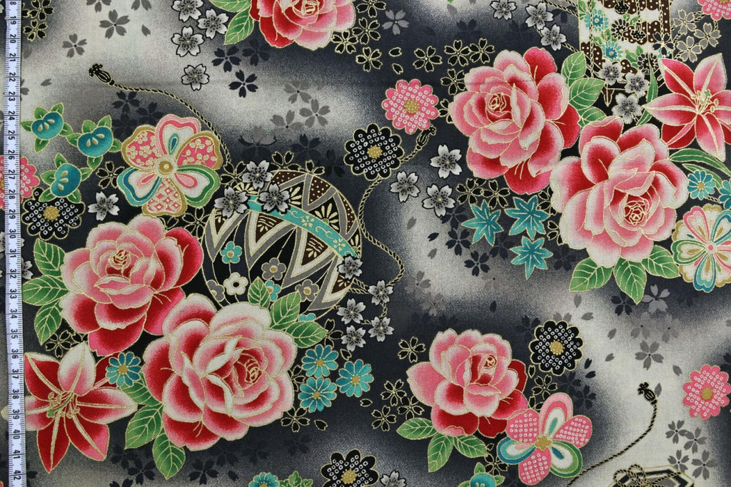 Tissu Japonais Kaike Temari et rosiers roses