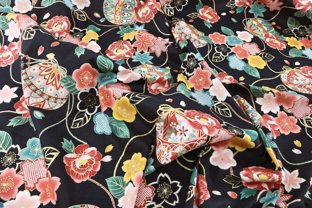 Tissu Japonais Temari et fleurs colorées